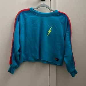 Aviator Nation Cropped 5 Stripe Blue Neon Rainbow Sweatshirt Size Small